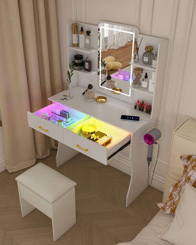 35" White Wood Lighted Two Drawer Dresser