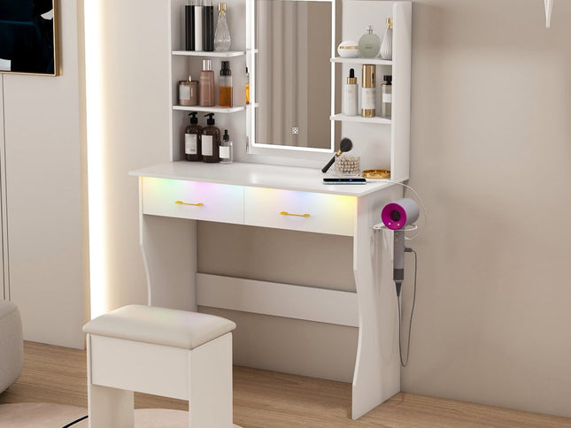 35" White Wood Lighted Two Drawer Dresser