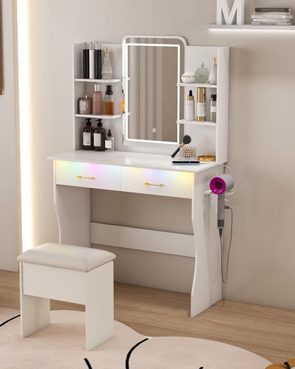 35" White Wood Lighted Two Drawer Dresser