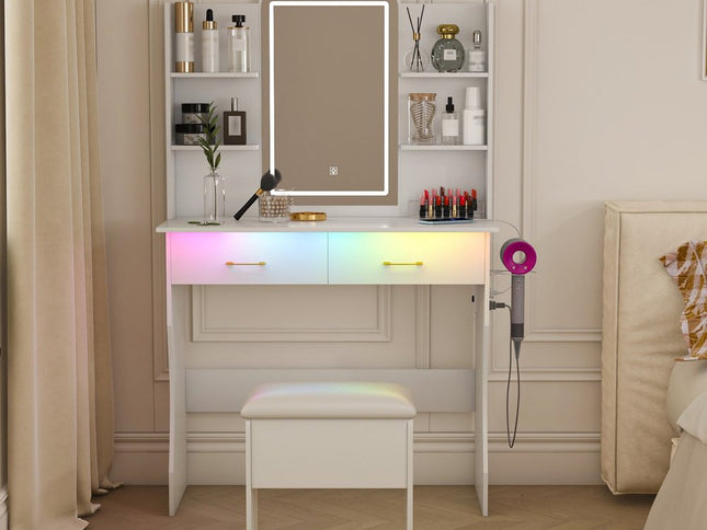 35" White Wood Lighted Two Drawer Dresser