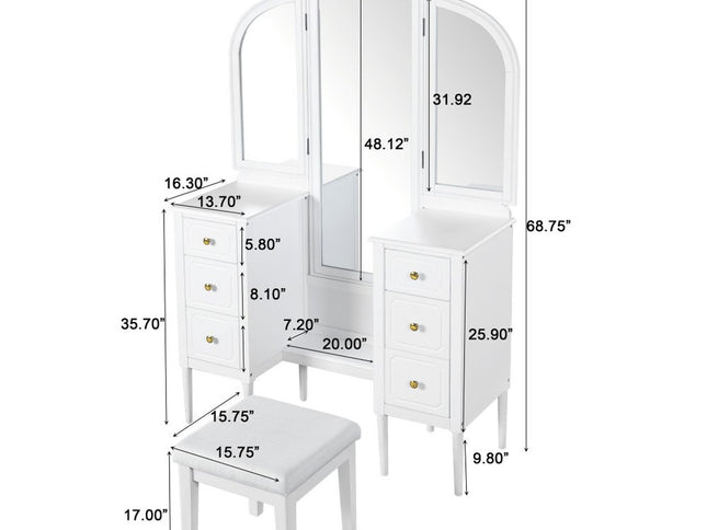 47" White Wood Six Drawer Dresser