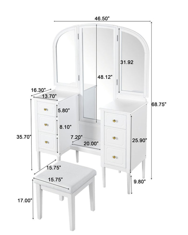 47" White Wood Six Drawer Dresser