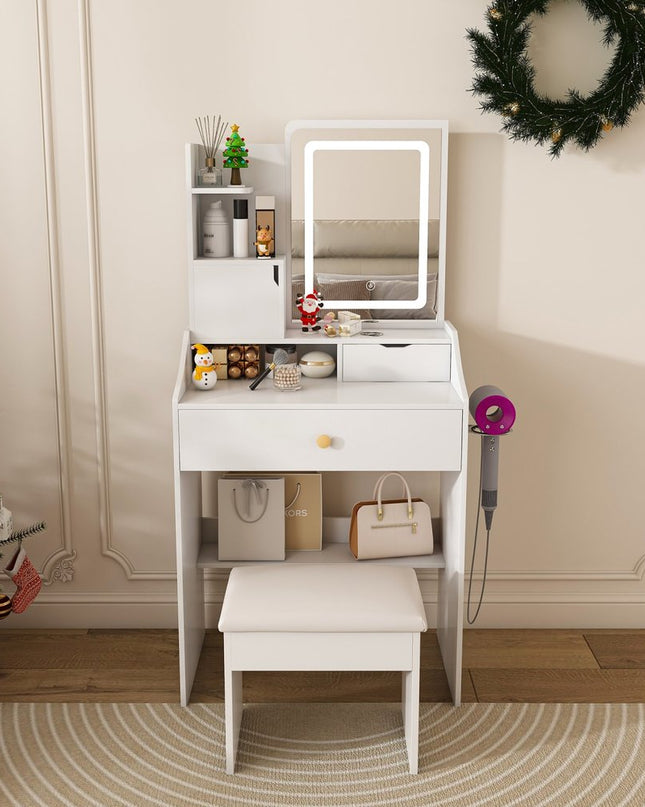 24" White Wood Lighted Two Drawer Dresser