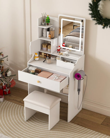 24" White Wood Lighted Two Drawer Dresser