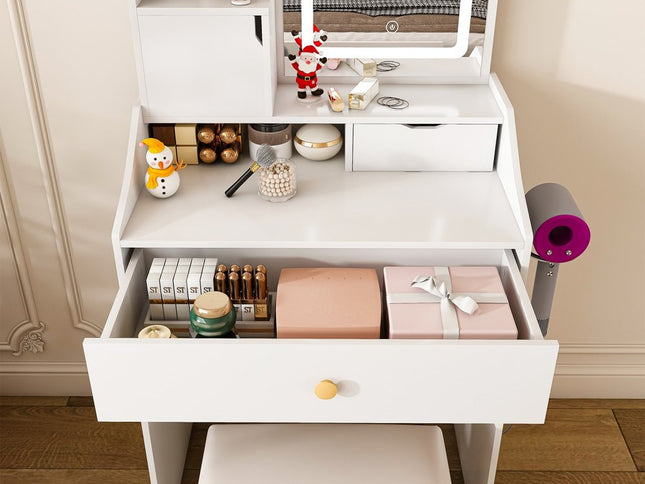 24" White Wood Lighted Two Drawer Dresser