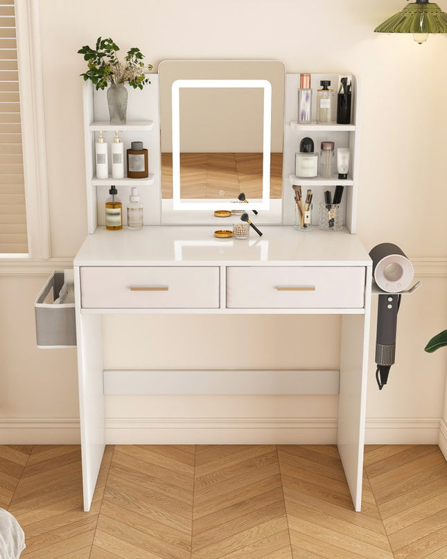 28" White Wood Lighted Two Drawer Dresser