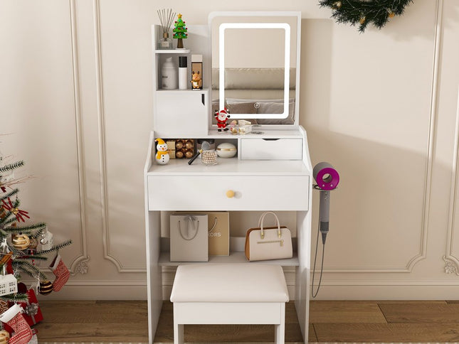 43" White Wood Lighted Two Drawer Dresser