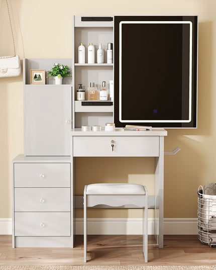 35" White Wood Lighted Four Drawer Dresser