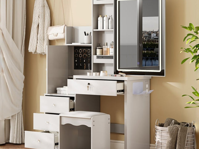 35" White Wood Lighted Four Drawer Dresser