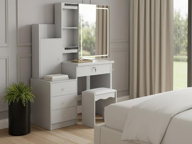 35" White Wood Lighted Four Drawer Dresser