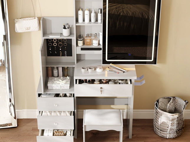 35" White Wood Lighted Four Drawer Dresser