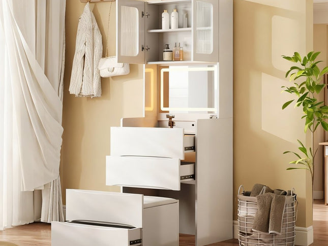 19" White Wood Lighted Four Drawer Dresser