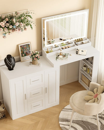 59" White Wood Lighted Three Drawer Dresser