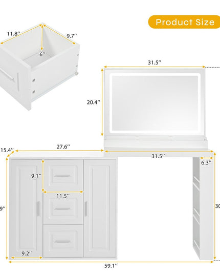 59" White Wood Lighted Three Drawer Dresser