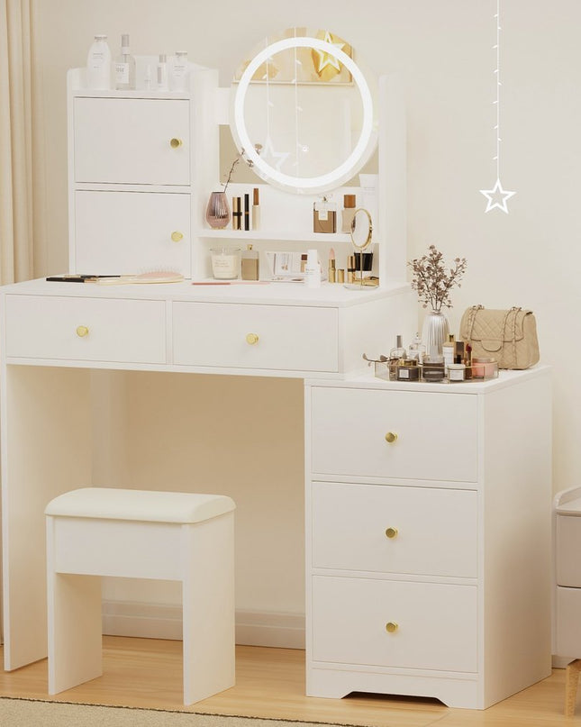47" White Wood Lighted Seven Drawer Dresser