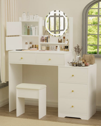 47" White Wood Lighted Seven Drawer Dresser