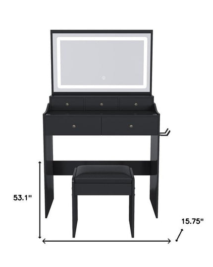 30" Black Wood Lighted Five Drawer Dresser