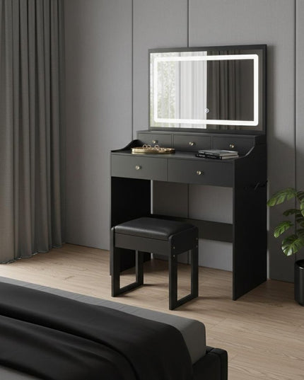 30" Black Wood Lighted Five Drawer Dresser