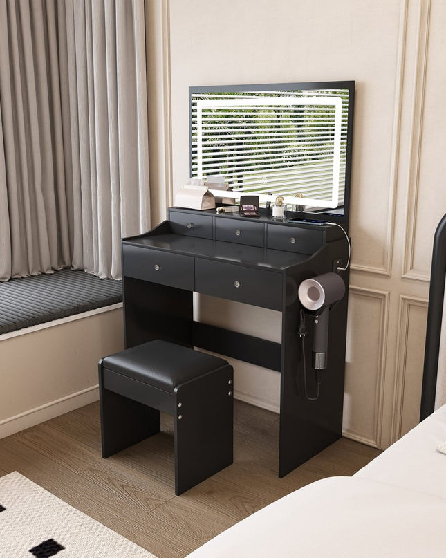 30" Black Wood Lighted Five Drawer Dresser