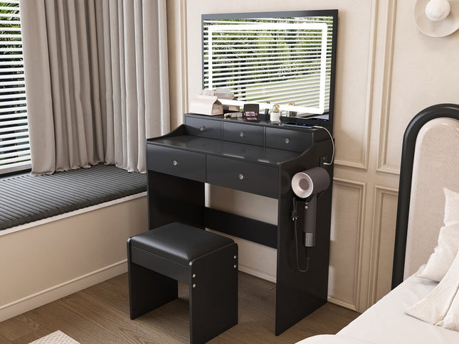 30" Black Wood Lighted Five Drawer Dresser