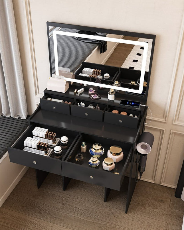 30" Black Wood Lighted Five Drawer Dresser