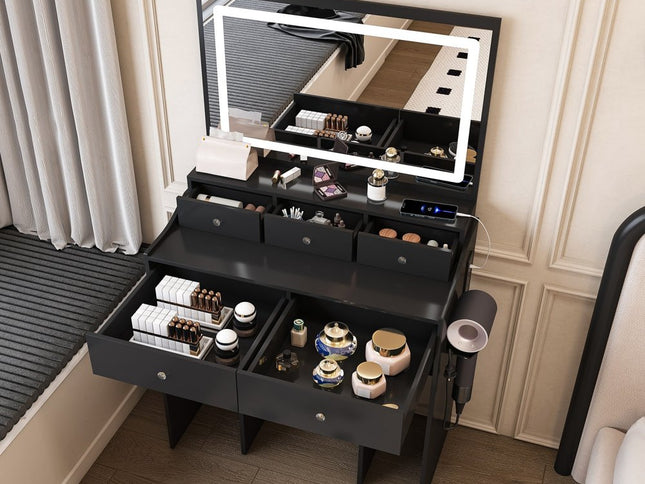 30" Black Wood Lighted Five Drawer Dresser