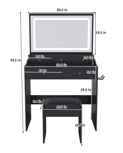 30" Black Wood Lighted Five Drawer Dresser