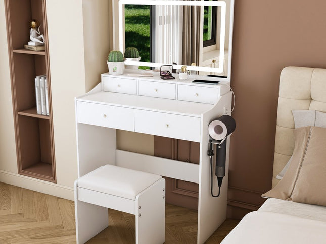 30" White Wood Lighted Five Drawer Dresser