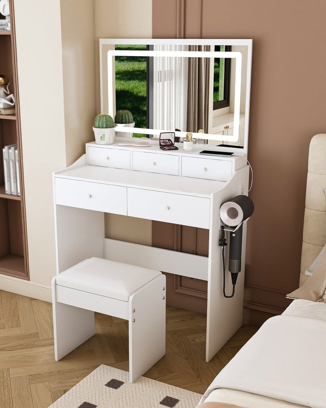 30" White Wood Lighted Five Drawer Dresser