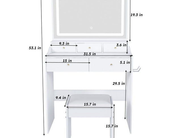 30" White Wood Lighted Five Drawer Dresser