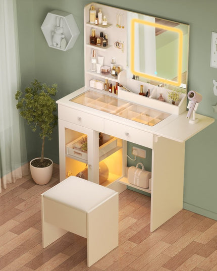 32" White Wood Lighted Two Drawer Dresser