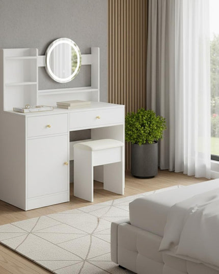 35" White Wood Lighted Two Drawer Dresser