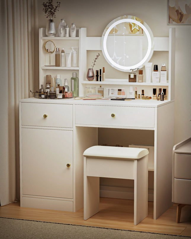 35" White Wood Lighted Two Drawer Dresser