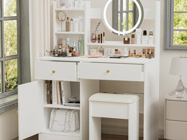 35" White Wood Lighted Two Drawer Dresser