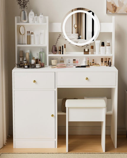 35" White Wood Lighted Two Drawer Dresser