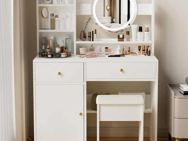 35" White Wood Lighted Two Drawer Dresser