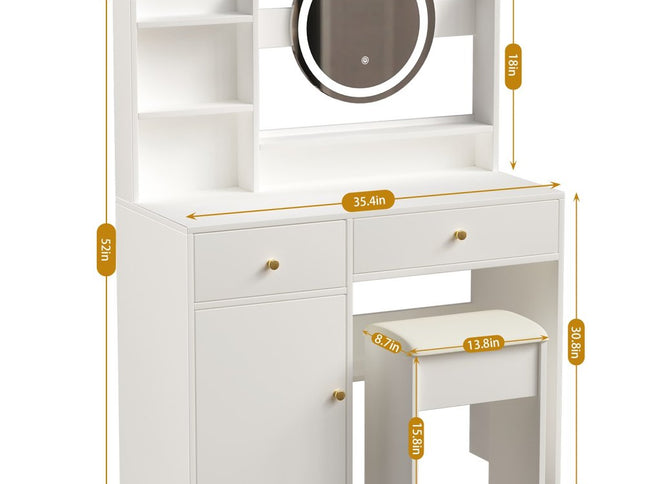 35" White Wood Lighted Two Drawer Dresser