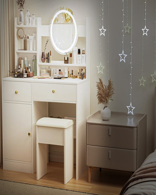 35" White Wood Lighted Two Drawer Dresser