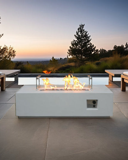 65000 BTU 52" Antiqued White Concrete Propane Rectangular Fire Pit With Cover