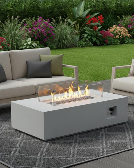 65000 BTU 52" Antiqued White Concrete Propane Rectangular Fire Pit With Cover