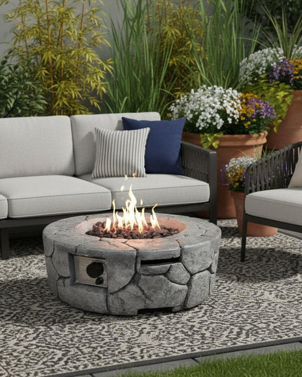 40000 BTU 28" Gray Concrete Propane Round Fire Pit Table With Cover