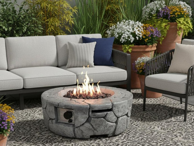 40000 BTU 28" Gray Concrete Propane Round Fire Pit With Cover