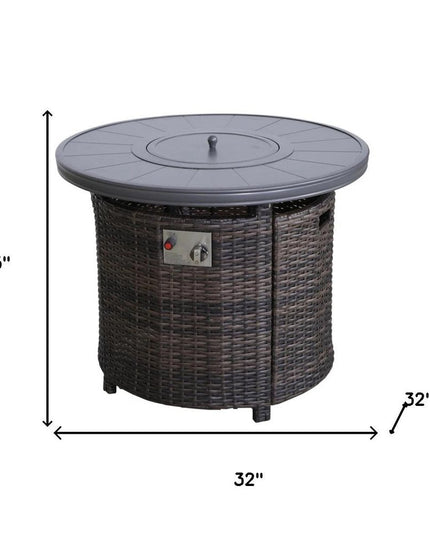 50000 BTU 32" Espresso Aluminum And Wicker Propane Round Fire Pit Table With Cover