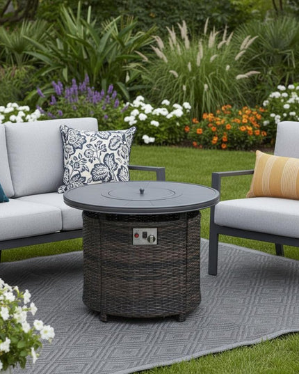 50000 BTU 32" Espresso Aluminum And Wicker Propane Round Fire Pit Table With Cover