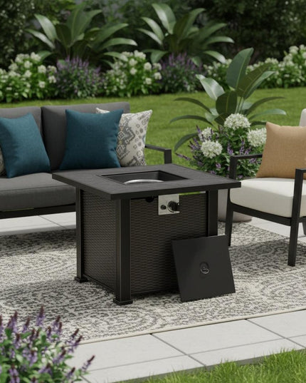 50000 BTU 30" Black Steel Propane Square Fire Pit Table With Cover