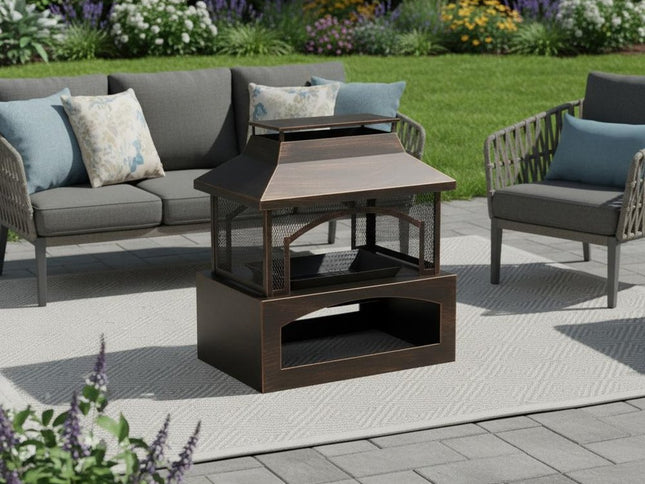 50000 BTU 37" Bronze Steel Wood Burning Rectangular Pagoda With Cover