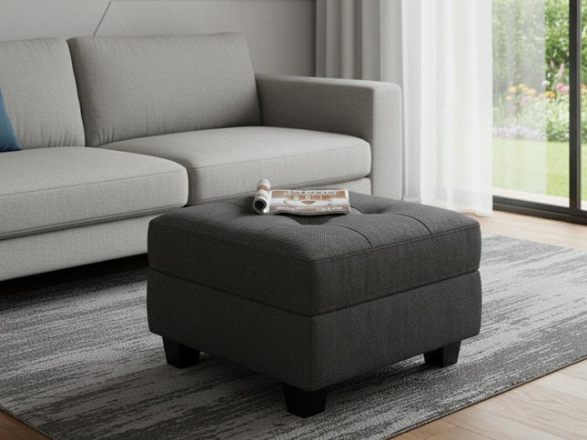 26" Gray and Black Solid Wood and Linen Tufted Storage Ottoman