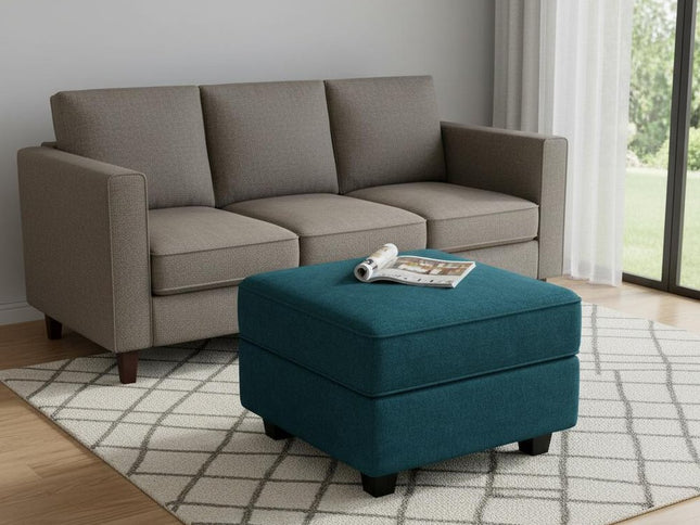26" Teal Blue and Black Solid Wood and Microfiber Storage Ottoman