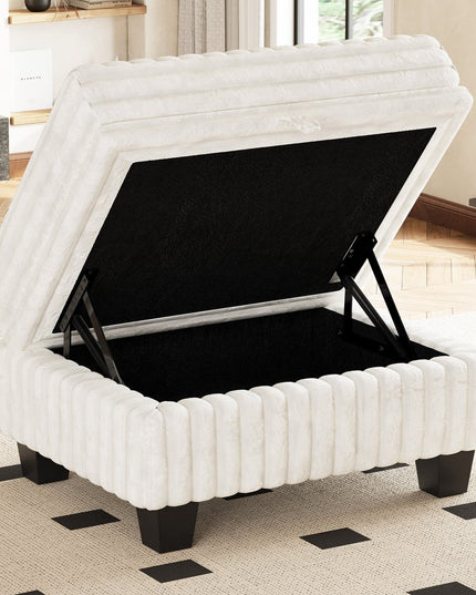 30" Beige and Black Faux Fur Storage Ottoman