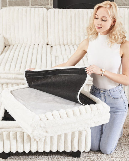 30" Beige and Black Faux Fur Storage Ottoman